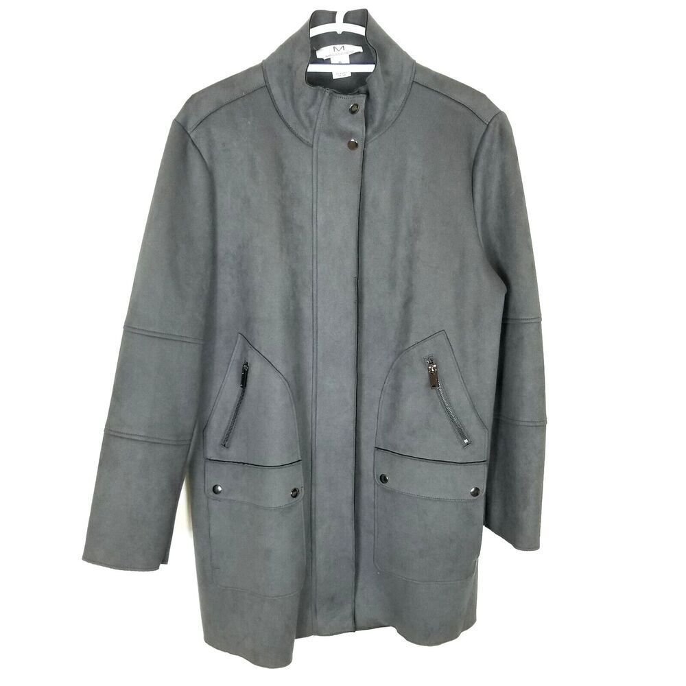 M Magaschoni Women Faux Vegan Leather Suede Full Zip Jacket Sz XL Gray Pockets